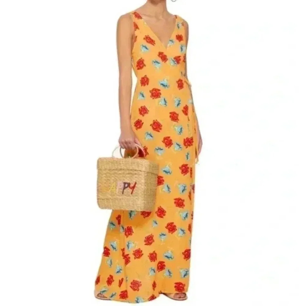 ONIA Yellow Sleeveless Red Floral Grace Wrap Dress - size Large